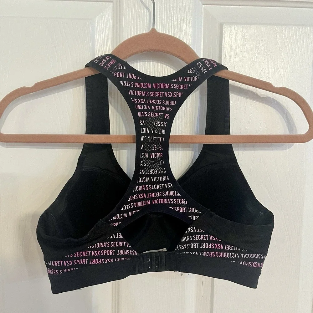 Victoria's Secret VSX Sports‎ Bra 32B Black Pink Logo Athletic Racerback Workout